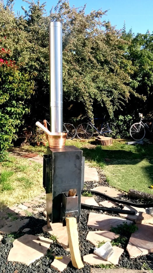 The stove, assembled in the back yard